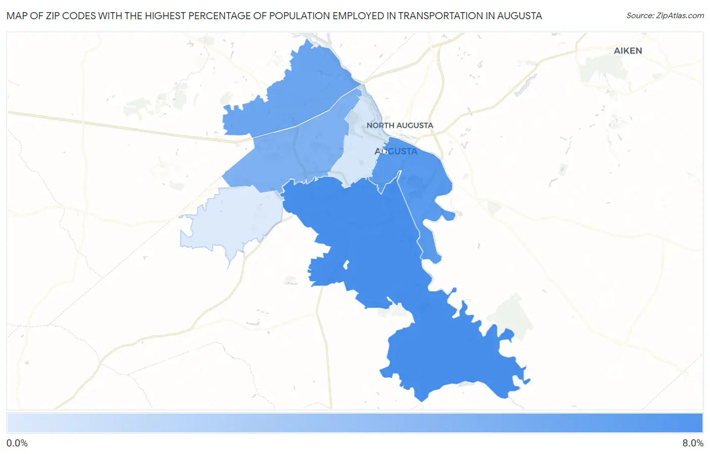 Zip Codes with the Highest Percentage of Population Employed in Transportation in Augusta Map