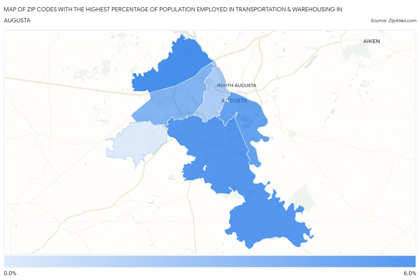 Zip Codes with the Highest Percentage of Population Employed in Transportation & Warehousing in Augusta Map