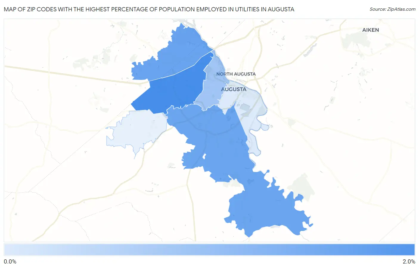 Zip Codes with the Highest Percentage of Population Employed in Utilities in Augusta Map