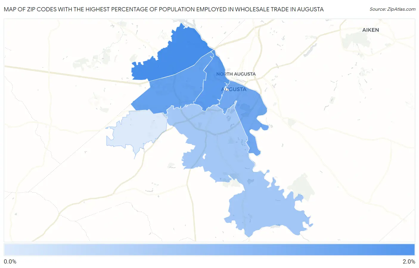 Zip Codes with the Highest Percentage of Population Employed in Wholesale Trade in Augusta Map