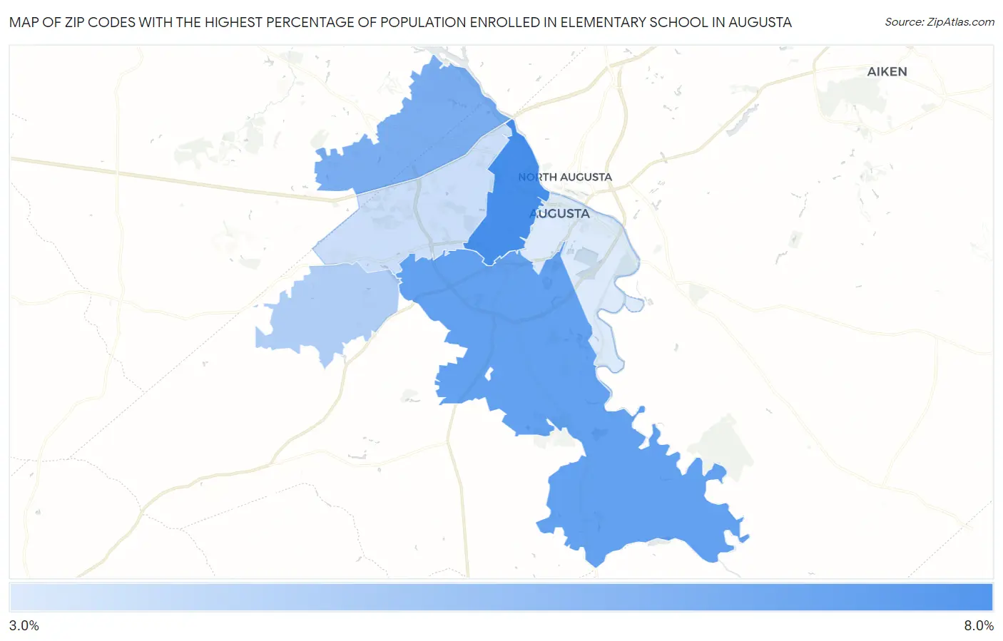 Zip Codes with the Highest Percentage of Population Enrolled in Elementary School in Augusta Map
