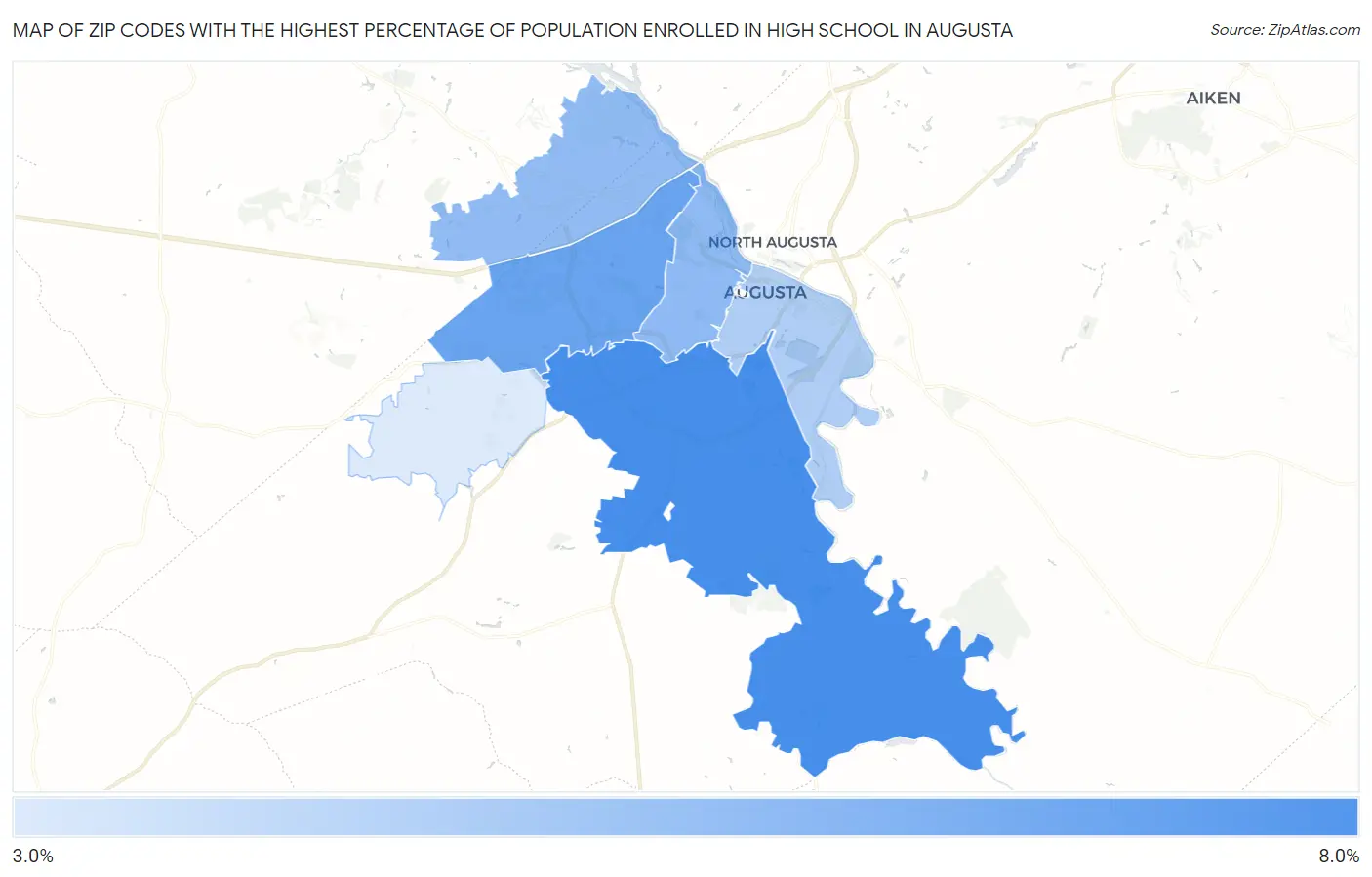 Zip Codes with the Highest Percentage of Population Enrolled in High School in Augusta Map