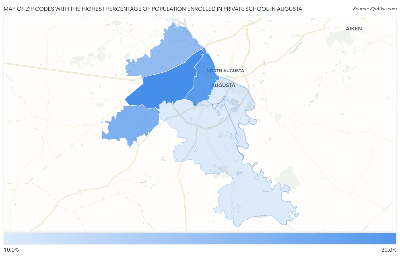 Zip Codes with the Highest Percentage of Population Enrolled in Private School in Augusta Map