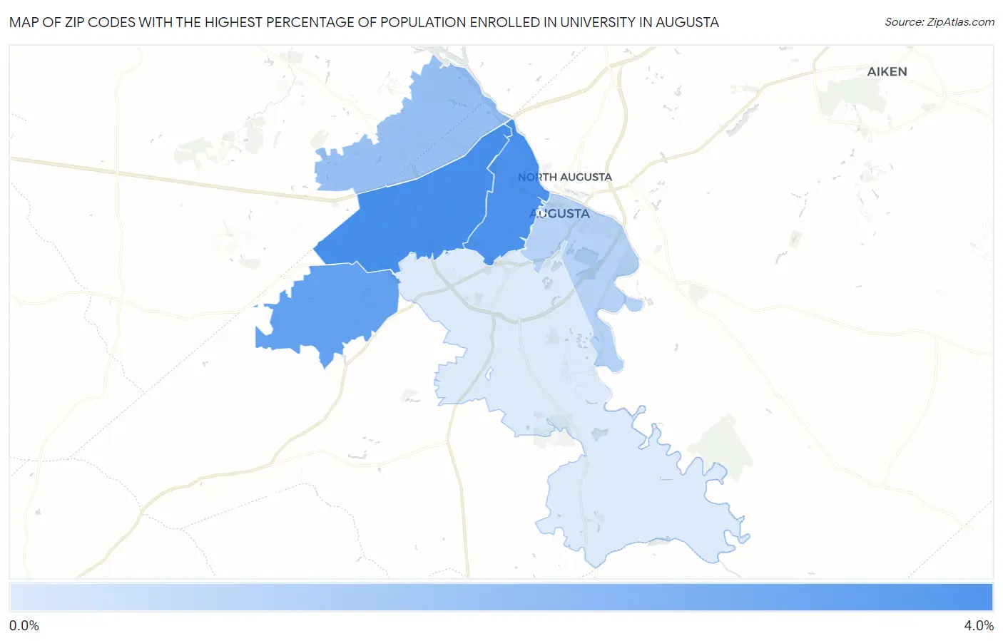 Zip Codes with the Highest Percentage of Population Enrolled in University in Augusta Map
