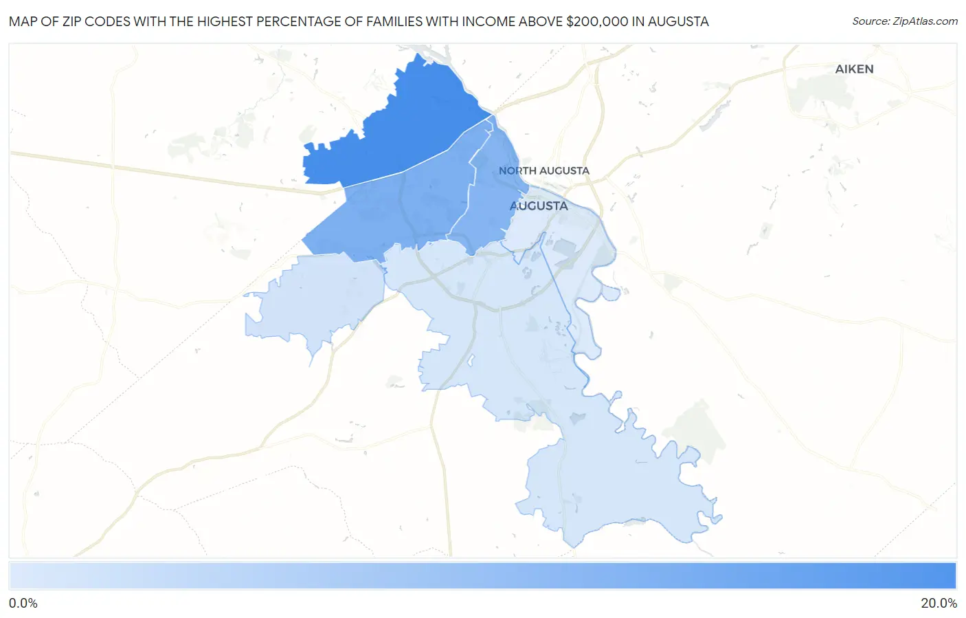 Zip Codes with the Highest Percentage of Families with Income Above $200,000 in Augusta Map