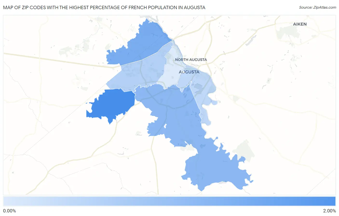 Zip Codes with the Highest Percentage of French Population in Augusta Map