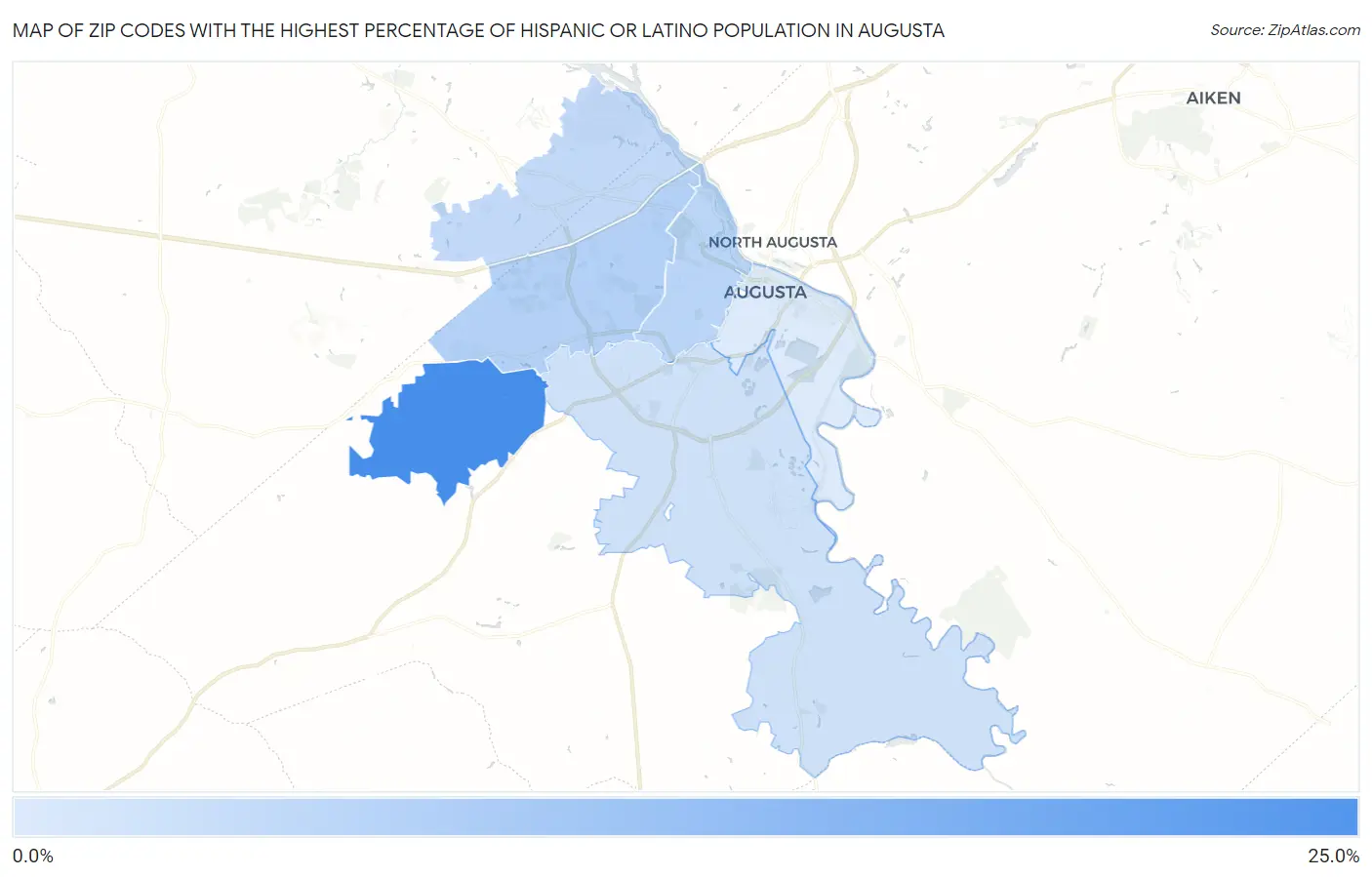 Zip Codes with the Highest Percentage of Hispanic or Latino Population in Augusta Map