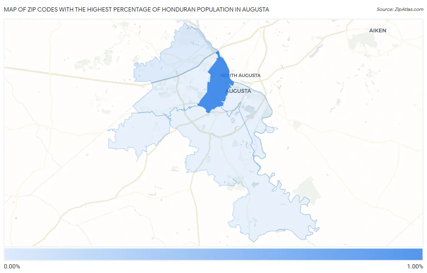 Zip Codes with the Highest Percentage of Honduran Population in Augusta Map