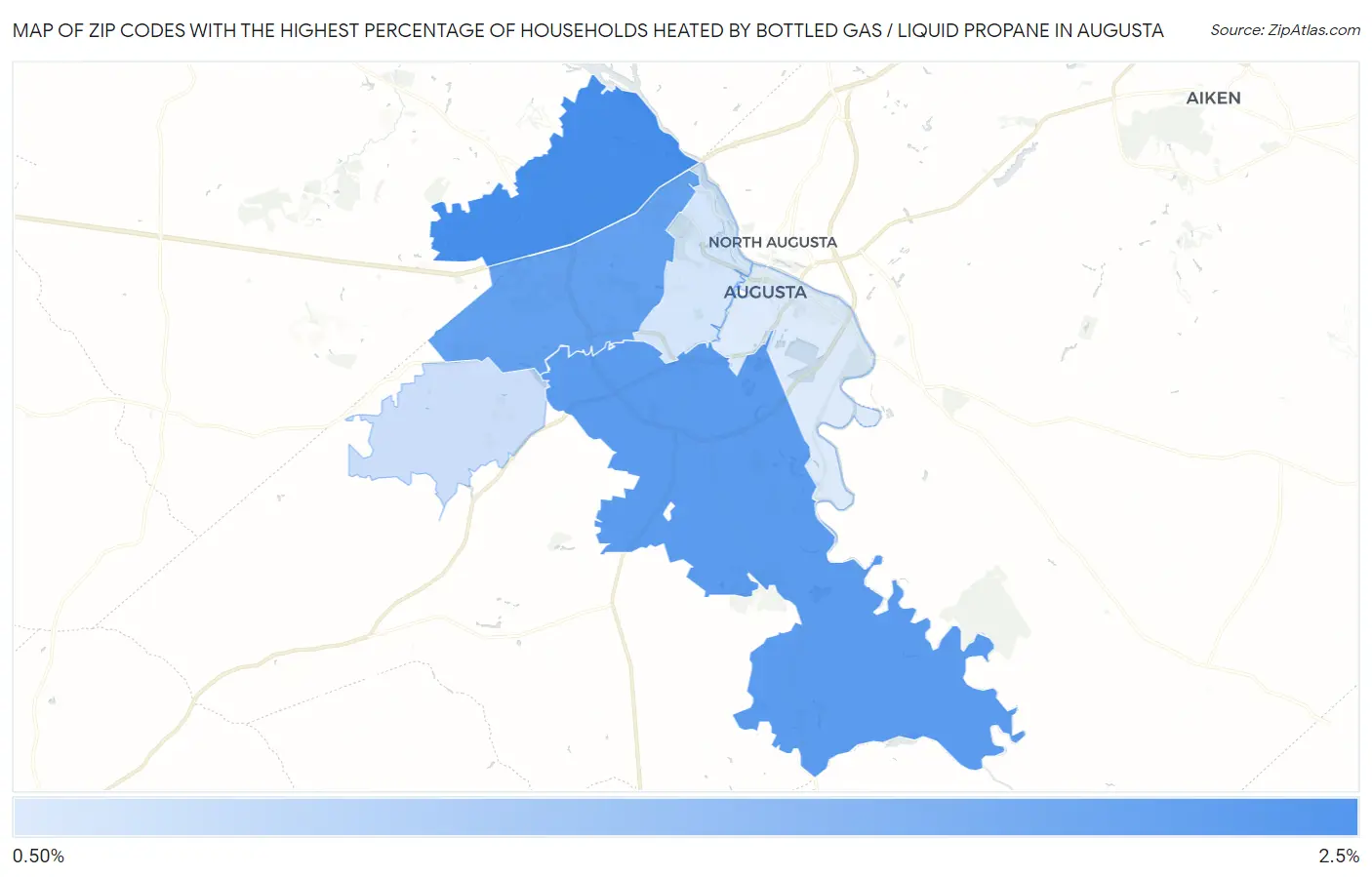 Zip Codes with the Highest Percentage of Households Heated by Bottled Gas / Liquid Propane in Augusta Map