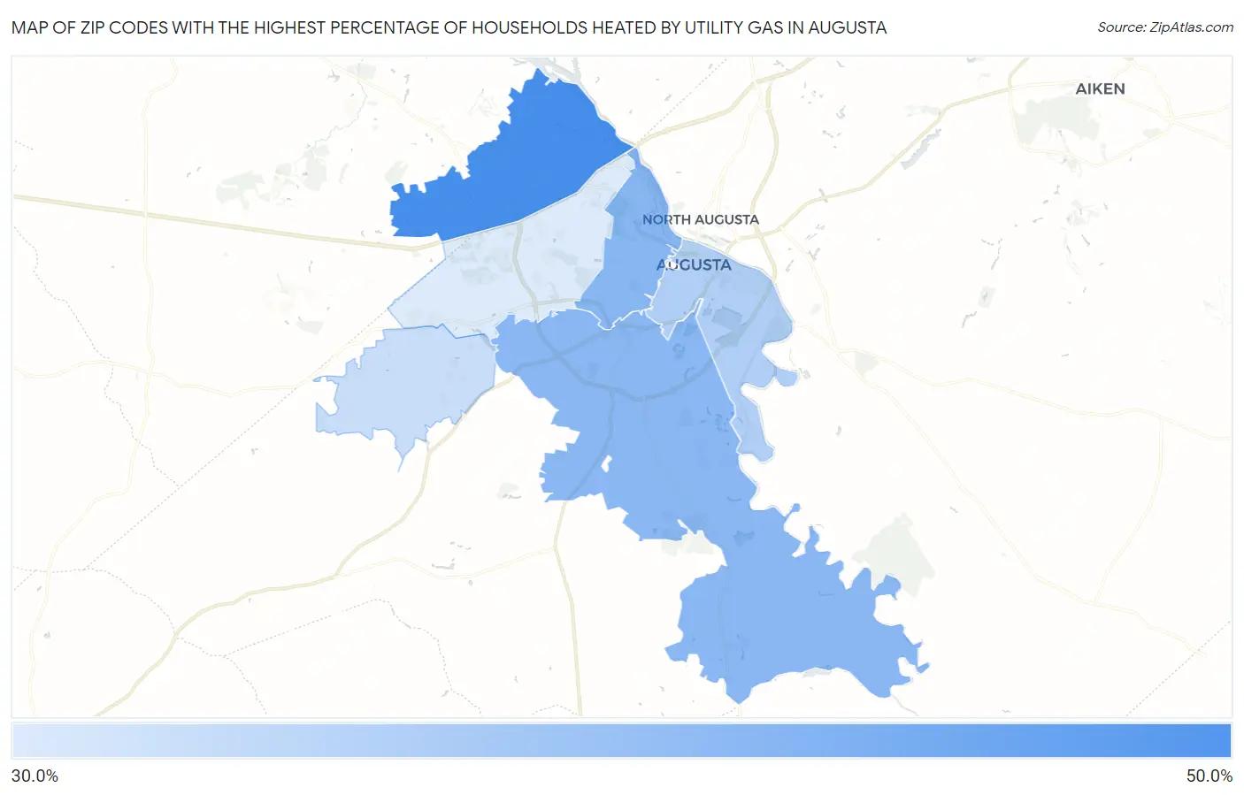 Zip Codes with the Highest Percentage of Households Heated by Utility Gas in Augusta Map