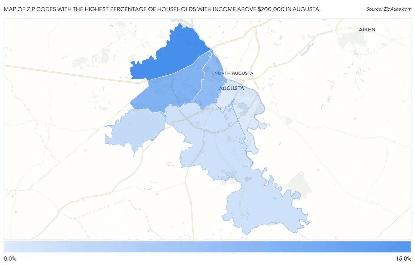 Zip Codes with the Highest Percentage of Households with Income Above $200,000 in Augusta Map