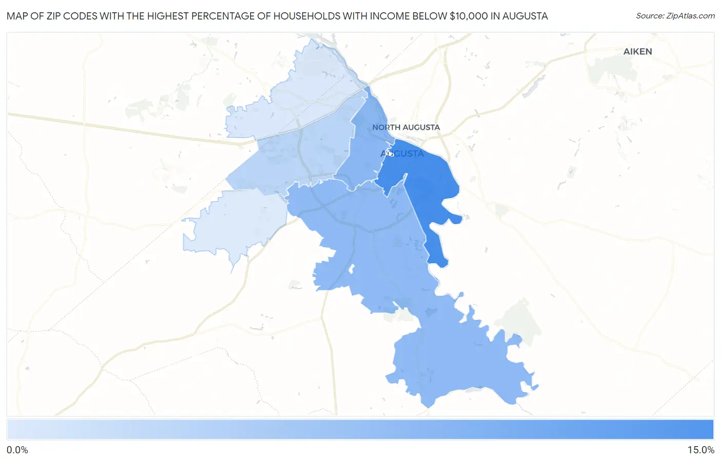 Zip Codes with the Highest Percentage of Households with Income Below $10,000 in Augusta Map