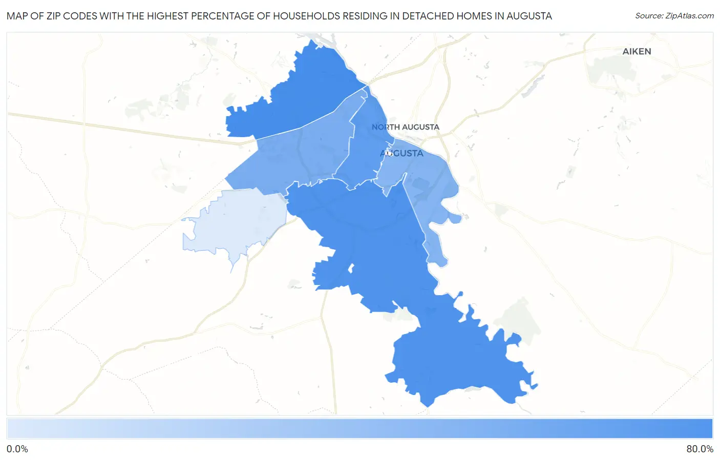 Zip Codes with the Highest Percentage of Households Residing in Detached Homes in Augusta Map