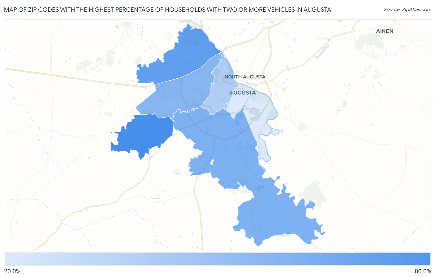 Zip Codes with the Highest Percentage of Households With Two or more Vehicles in Augusta Map