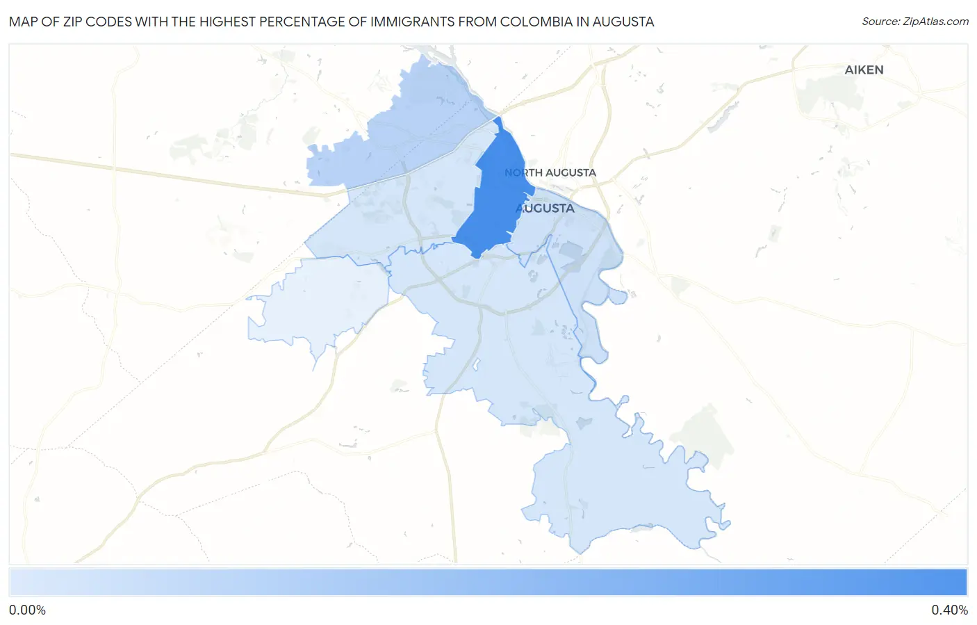 Zip Codes with the Highest Percentage of Immigrants from Colombia in Augusta Map
