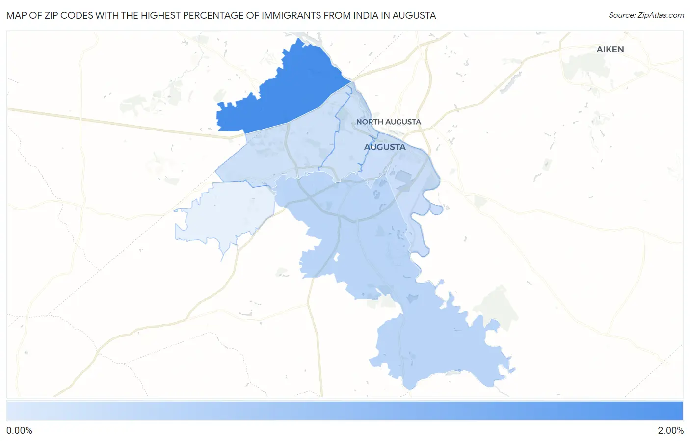 Zip Codes with the Highest Percentage of Immigrants from India in Augusta Map