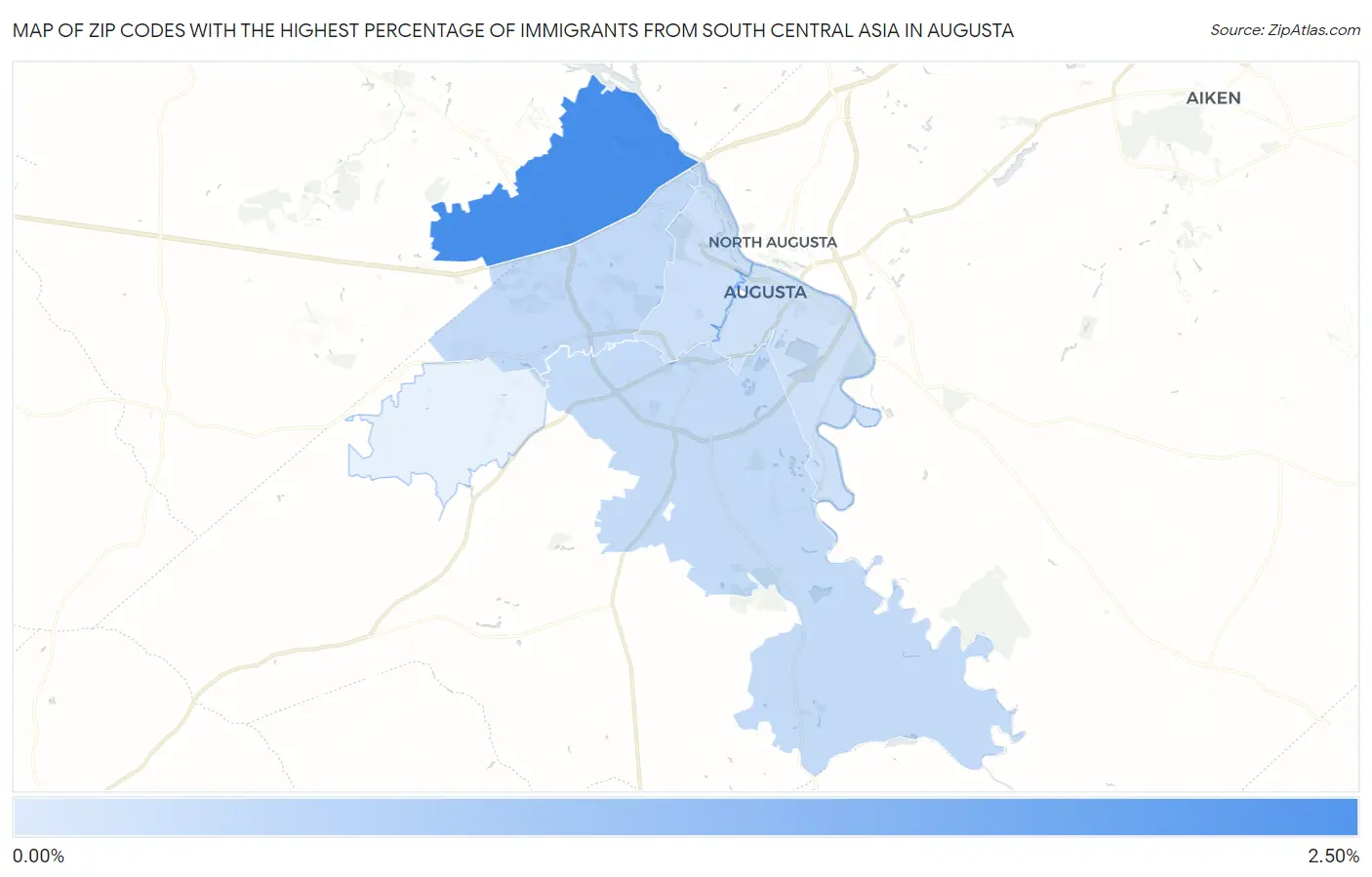 Zip Codes with the Highest Percentage of Immigrants from South Central Asia in Augusta Map