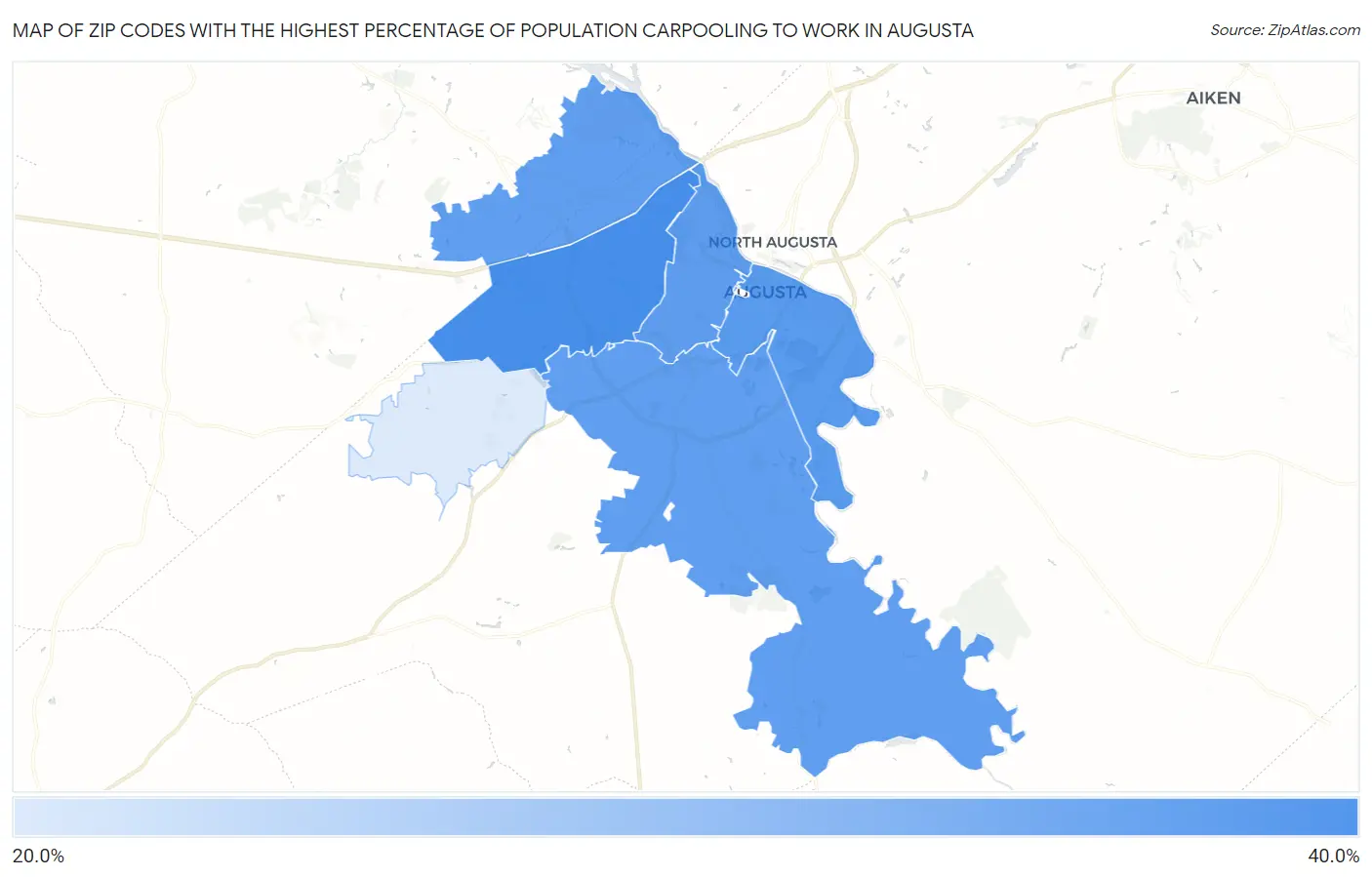 Zip Codes with the Highest Percentage of Population Carpooling to Work in Augusta Map