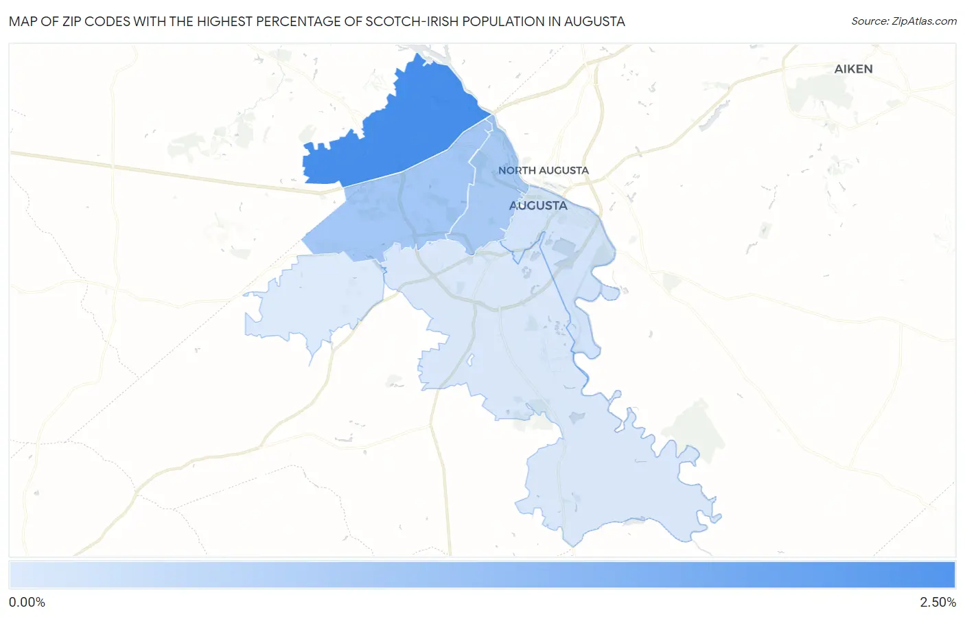 Zip Codes with the Highest Percentage of Scotch-Irish Population in Augusta Map
