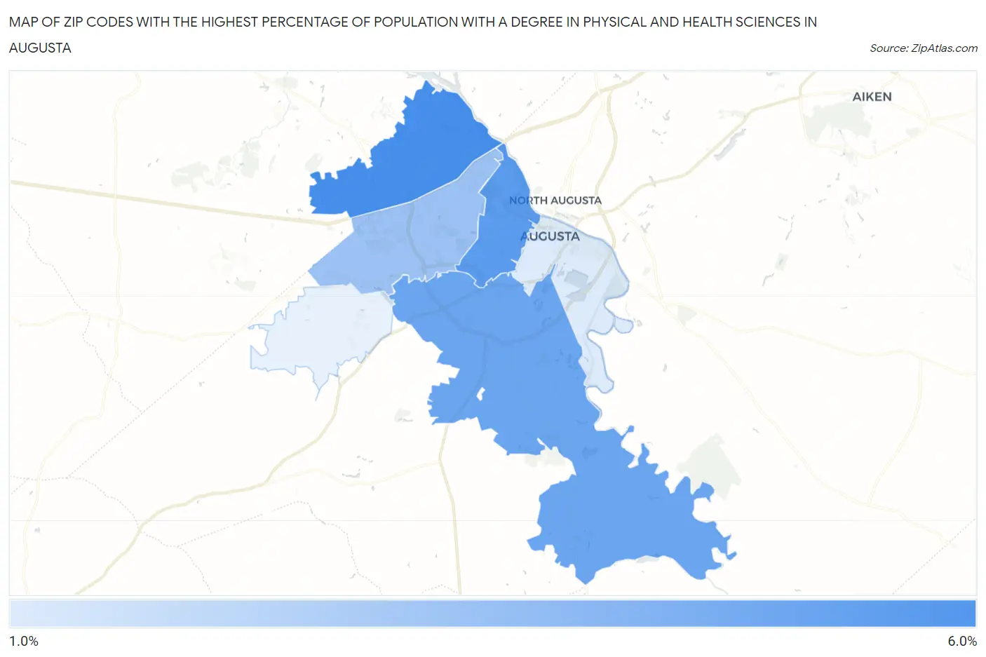 Zip Codes with the Highest Percentage of Population with a Degree in Physical and Health Sciences in Augusta Map