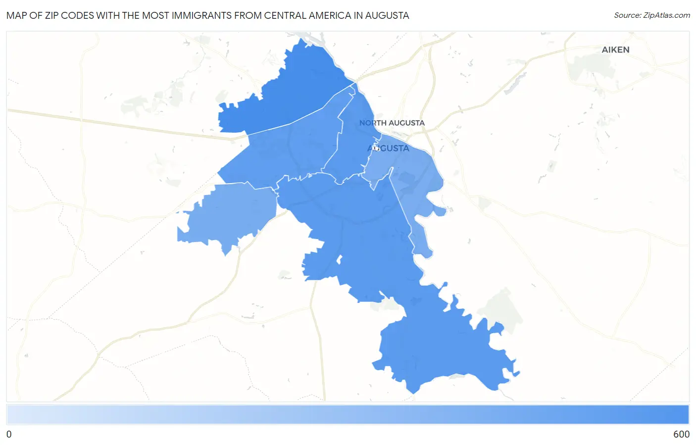 Zip Codes with the Most Immigrants from Central America in Augusta Map