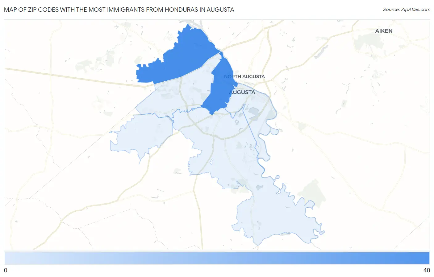 Zip Codes with the Most Immigrants from Honduras in Augusta Map