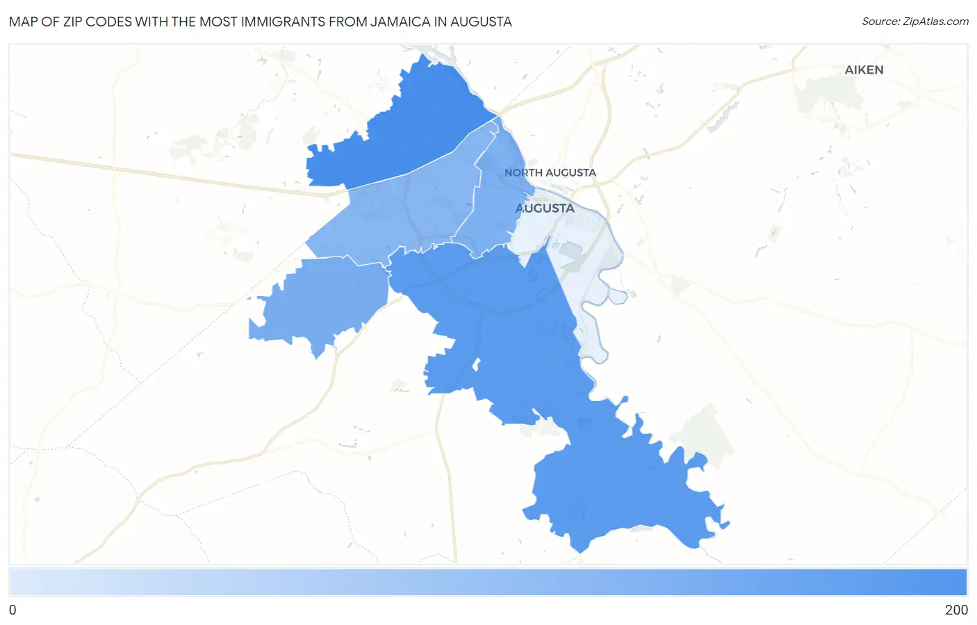 Zip Codes with the Most Immigrants from Jamaica in Augusta Map