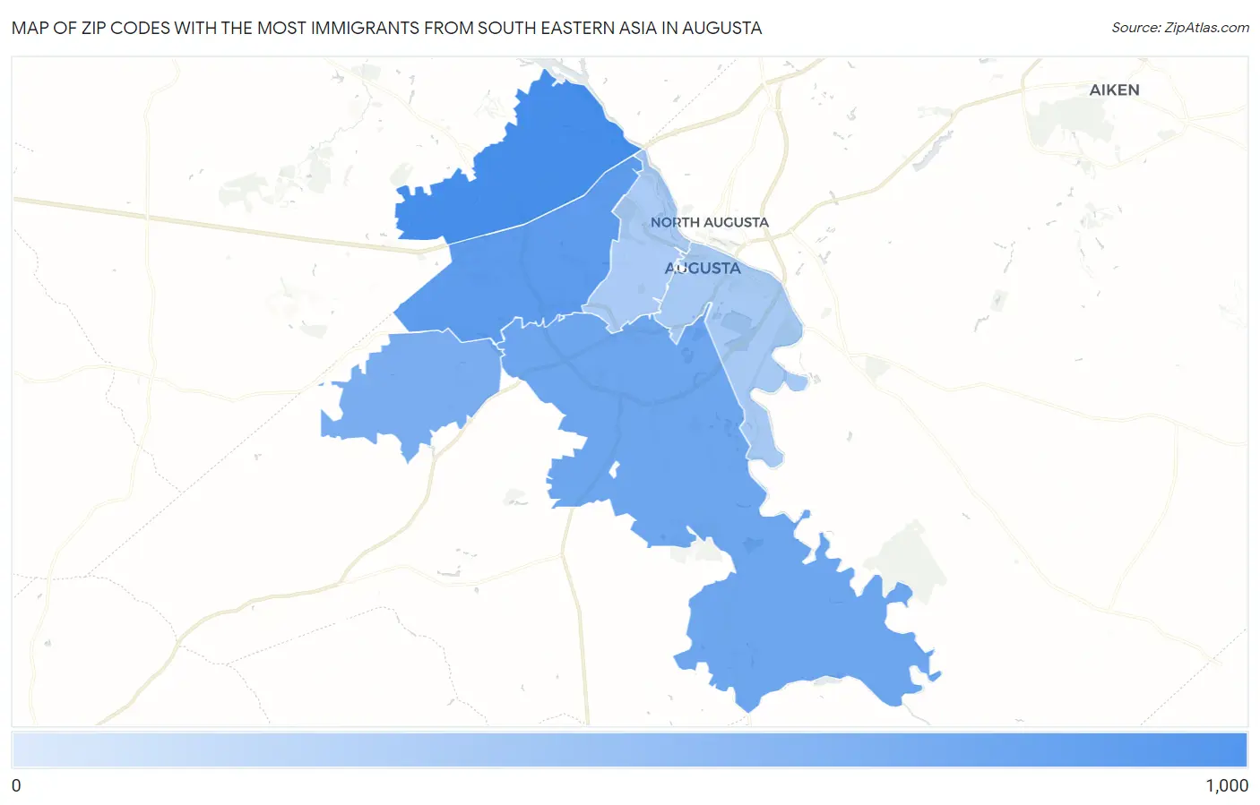 Zip Codes with the Most Immigrants from South Eastern Asia in Augusta Map
