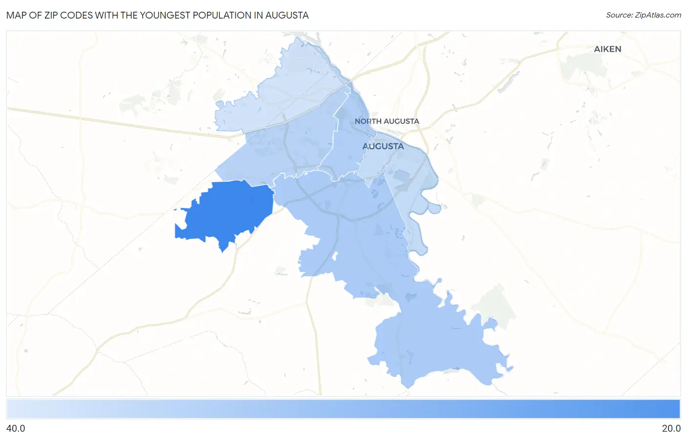 Zip Codes with the Youngest Population in Augusta Map