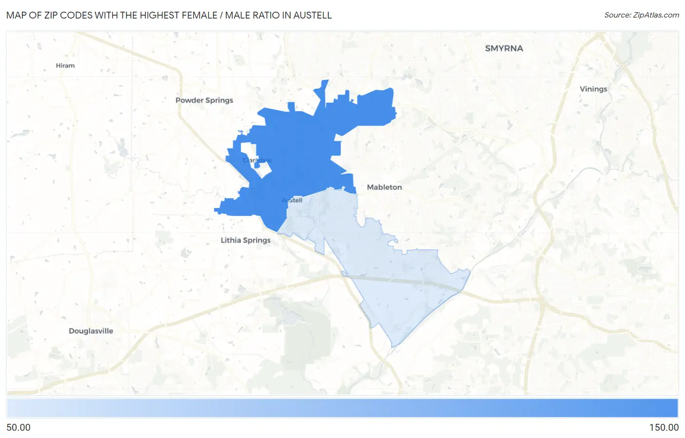 Zip Codes with the Highest Female / Male Ratio in Austell Map