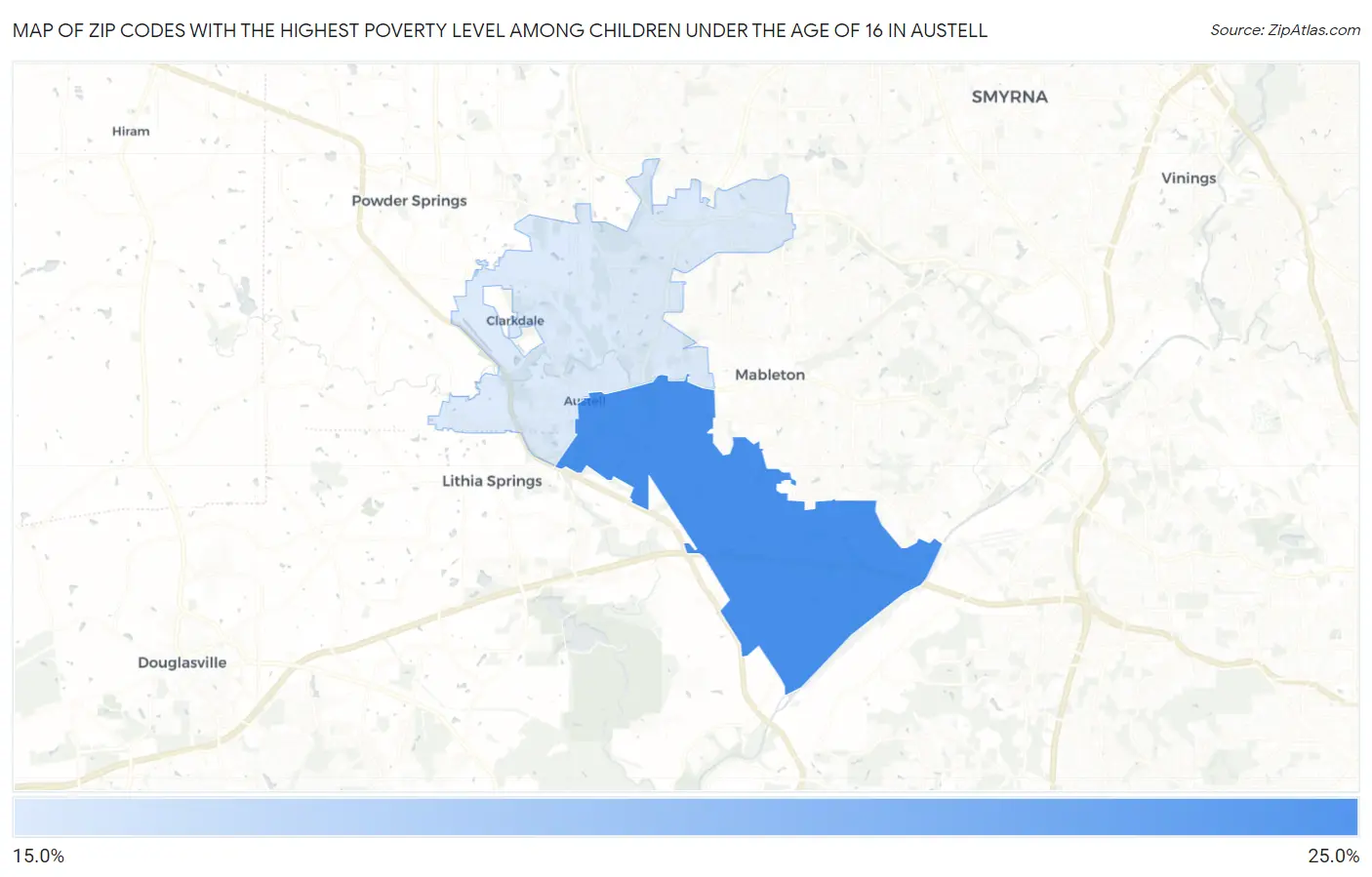 Zip Codes with the Highest Poverty Level Among Children Under the Age of 16 in Austell Map