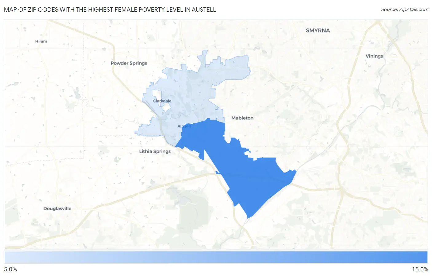 Zip Codes with the Highest Female Poverty Level in Austell Map