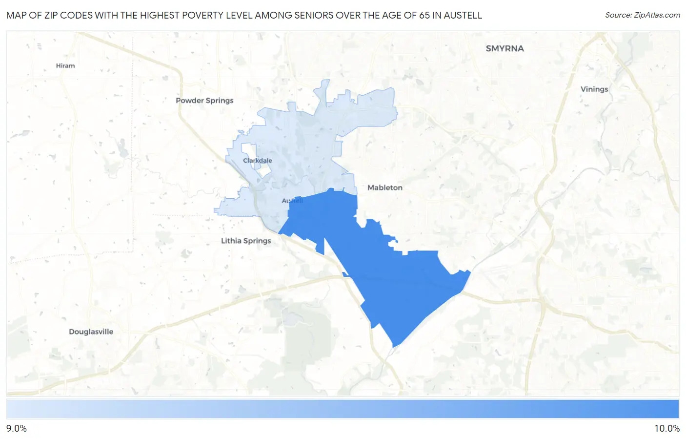 Zip Codes with the Highest Poverty Level Among Seniors Over the Age of 65 in Austell Map