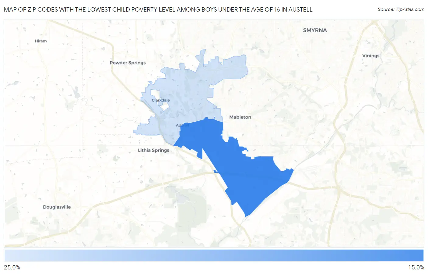 Zip Codes with the Lowest Child Poverty Level Among Boys Under the Age of 16 in Austell Map