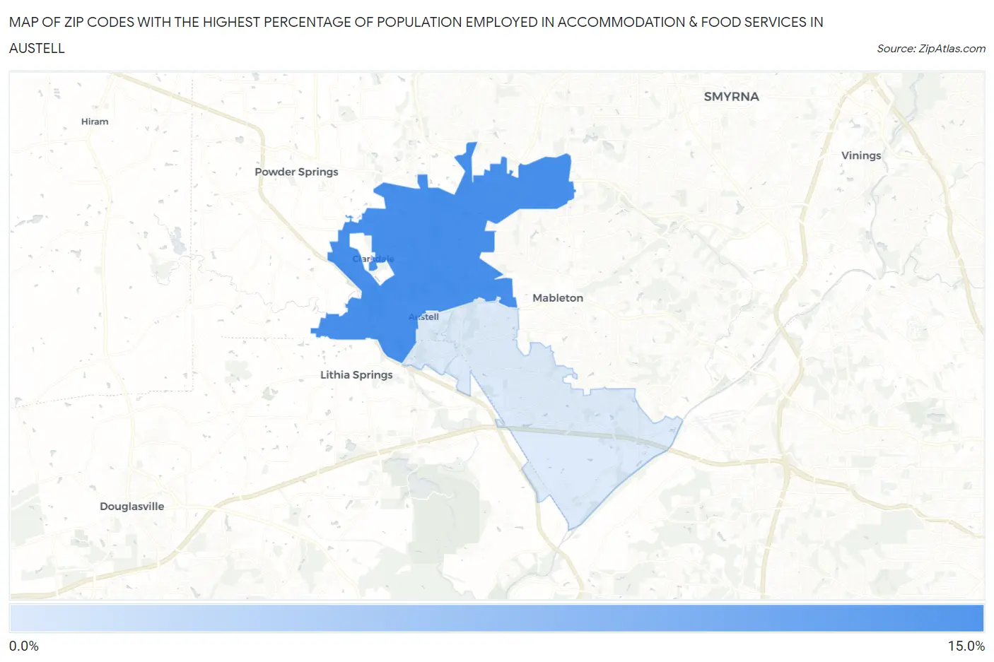 Zip Codes with the Highest Percentage of Population Employed in Accommodation & Food Services in Austell Map