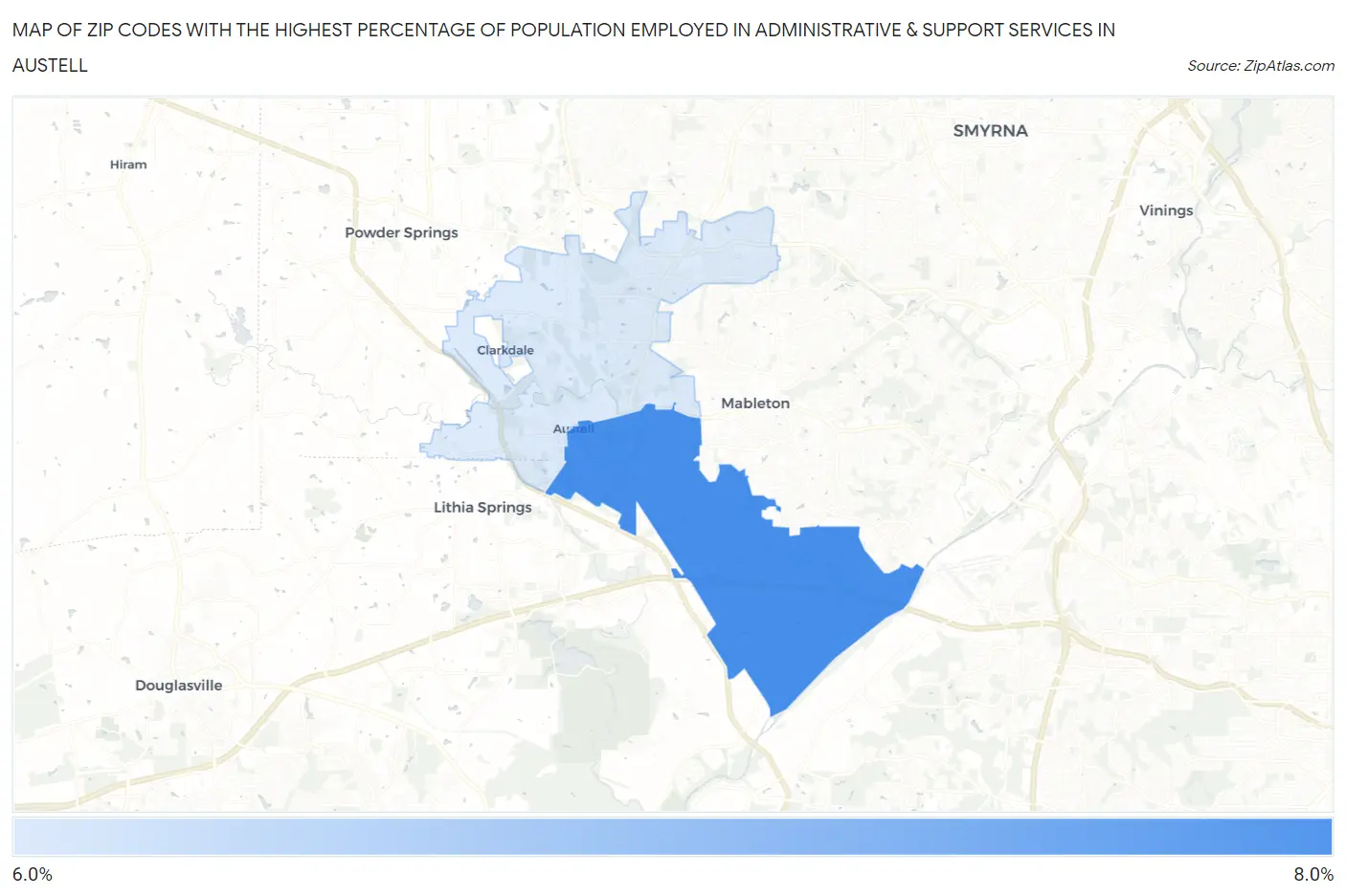 Zip Codes with the Highest Percentage of Population Employed in Administrative & Support Services in Austell Map