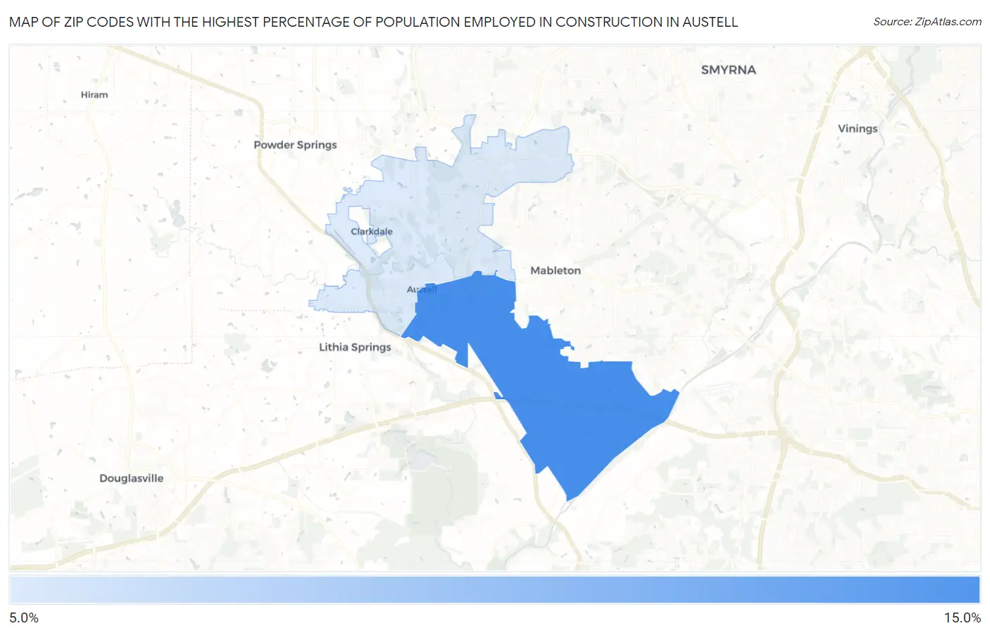 Zip Codes with the Highest Percentage of Population Employed in Construction in Austell Map