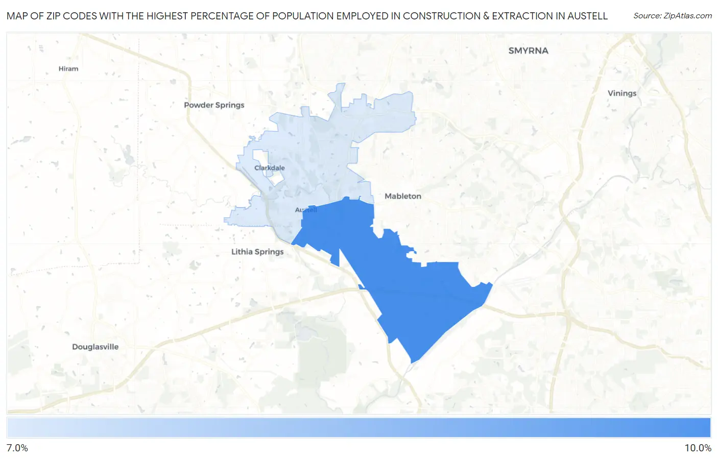Zip Codes with the Highest Percentage of Population Employed in Construction & Extraction in Austell Map