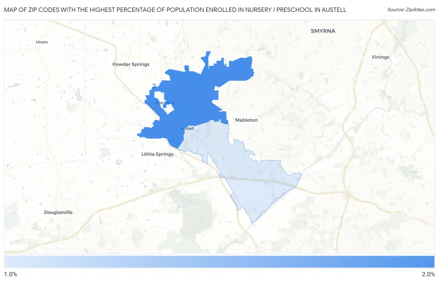 Zip Codes with the Highest Percentage of Population Enrolled in Nursery / Preschool in Austell Map