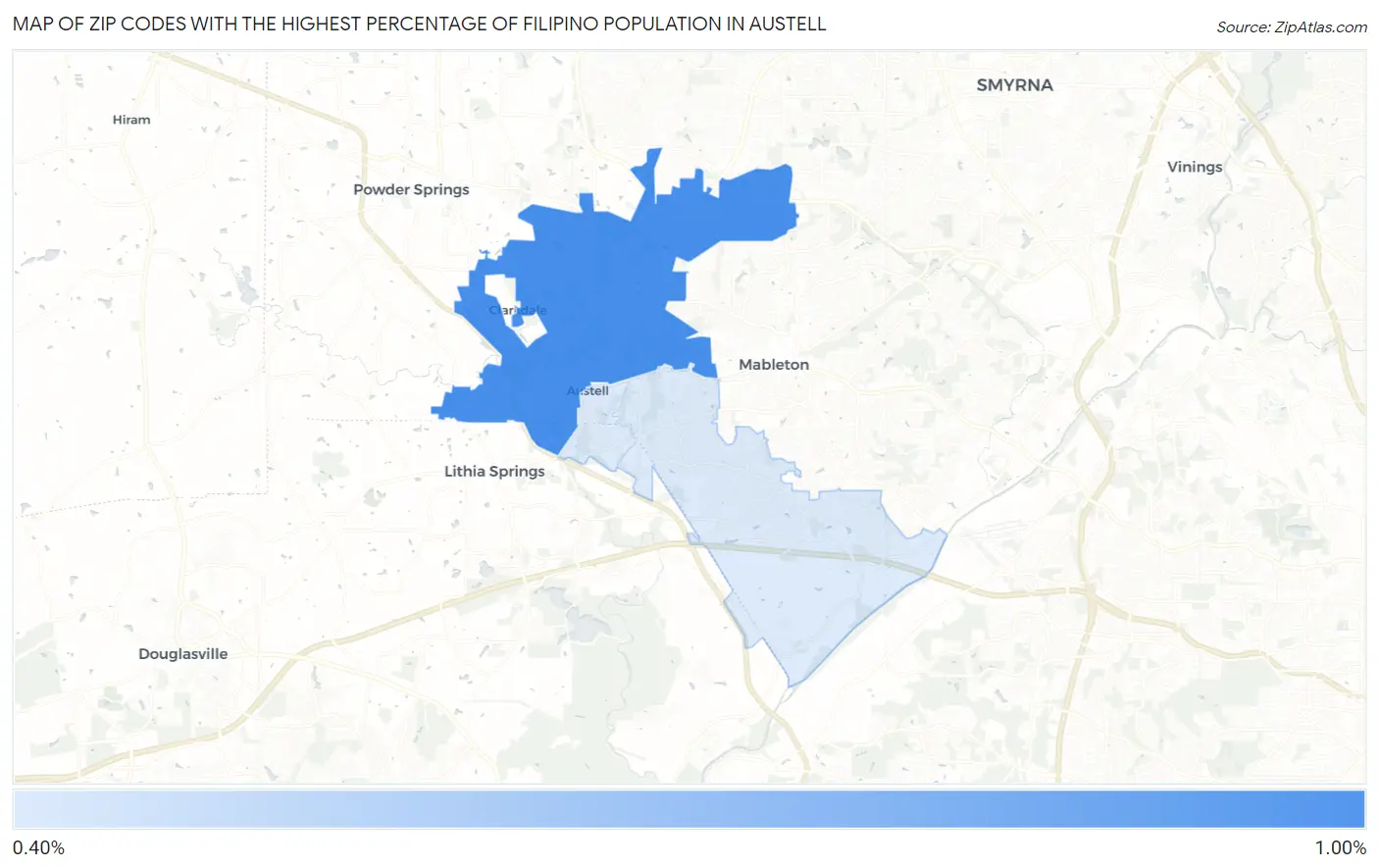 Zip Codes with the Highest Percentage of Filipino Population in Austell Map