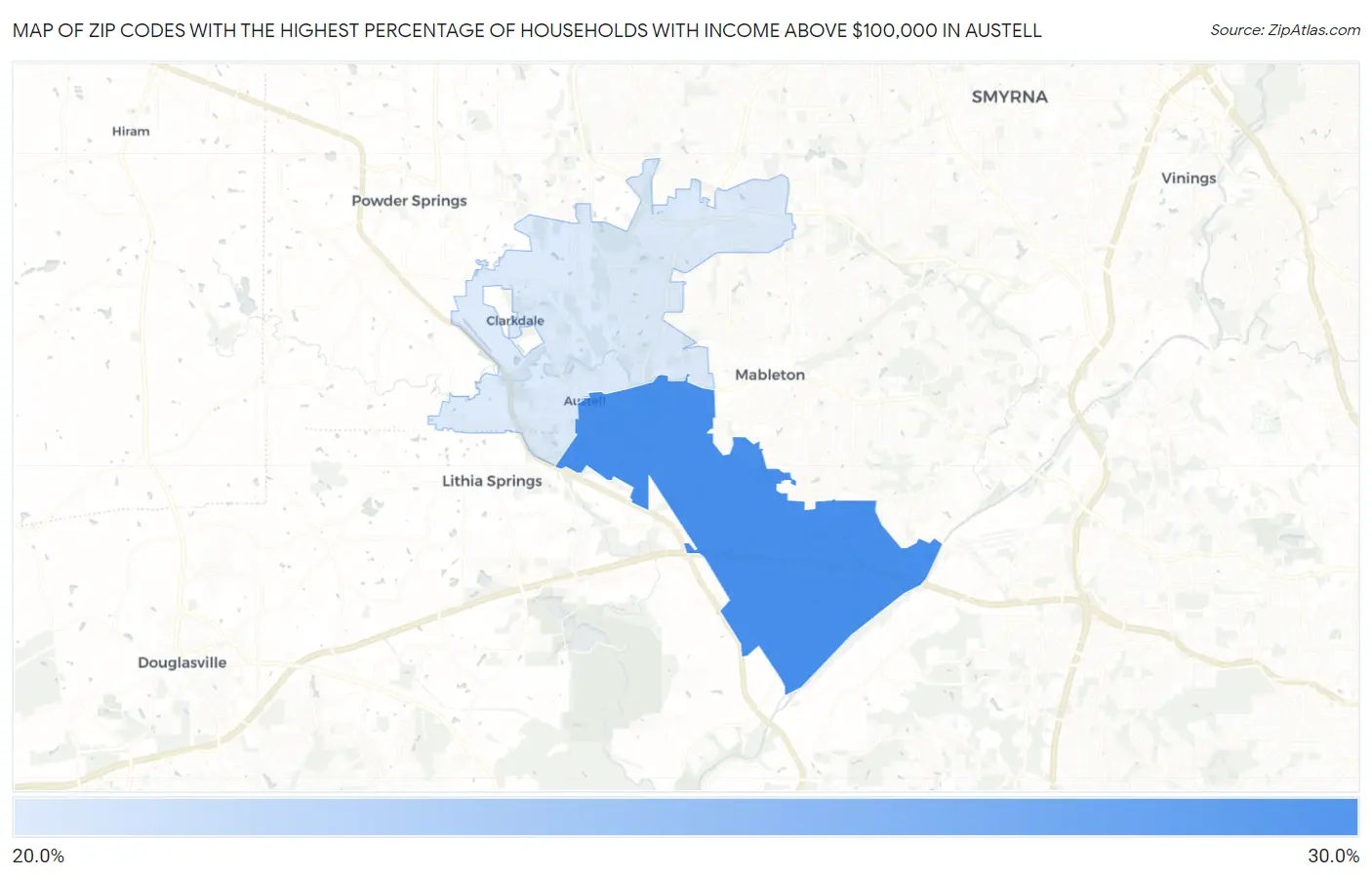 Zip Codes with the Highest Percentage of Households with Income Above $100,000 in Austell Map