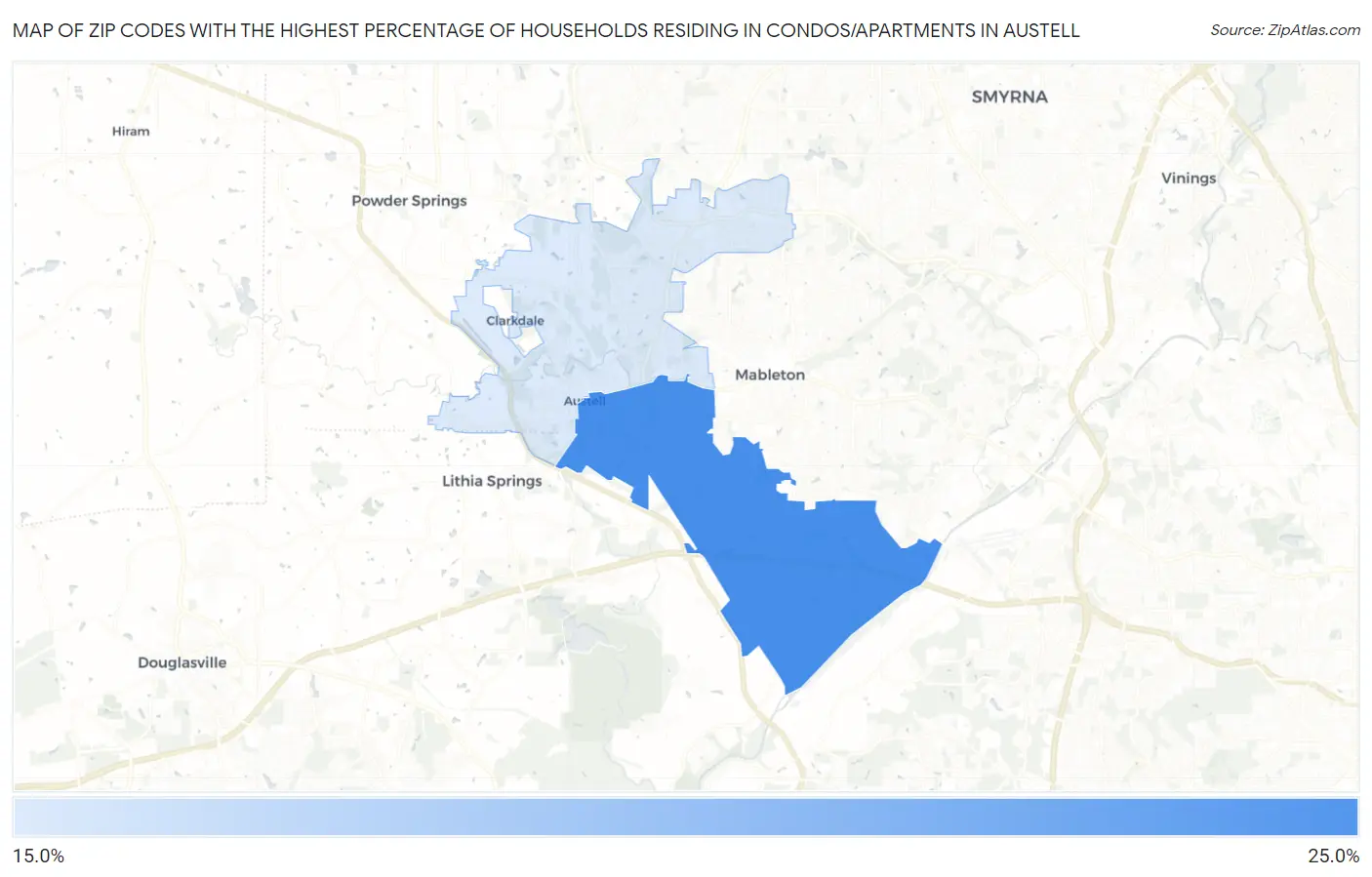 Zip Codes with the Highest Percentage of Households Residing in Condos/Apartments in Austell Map