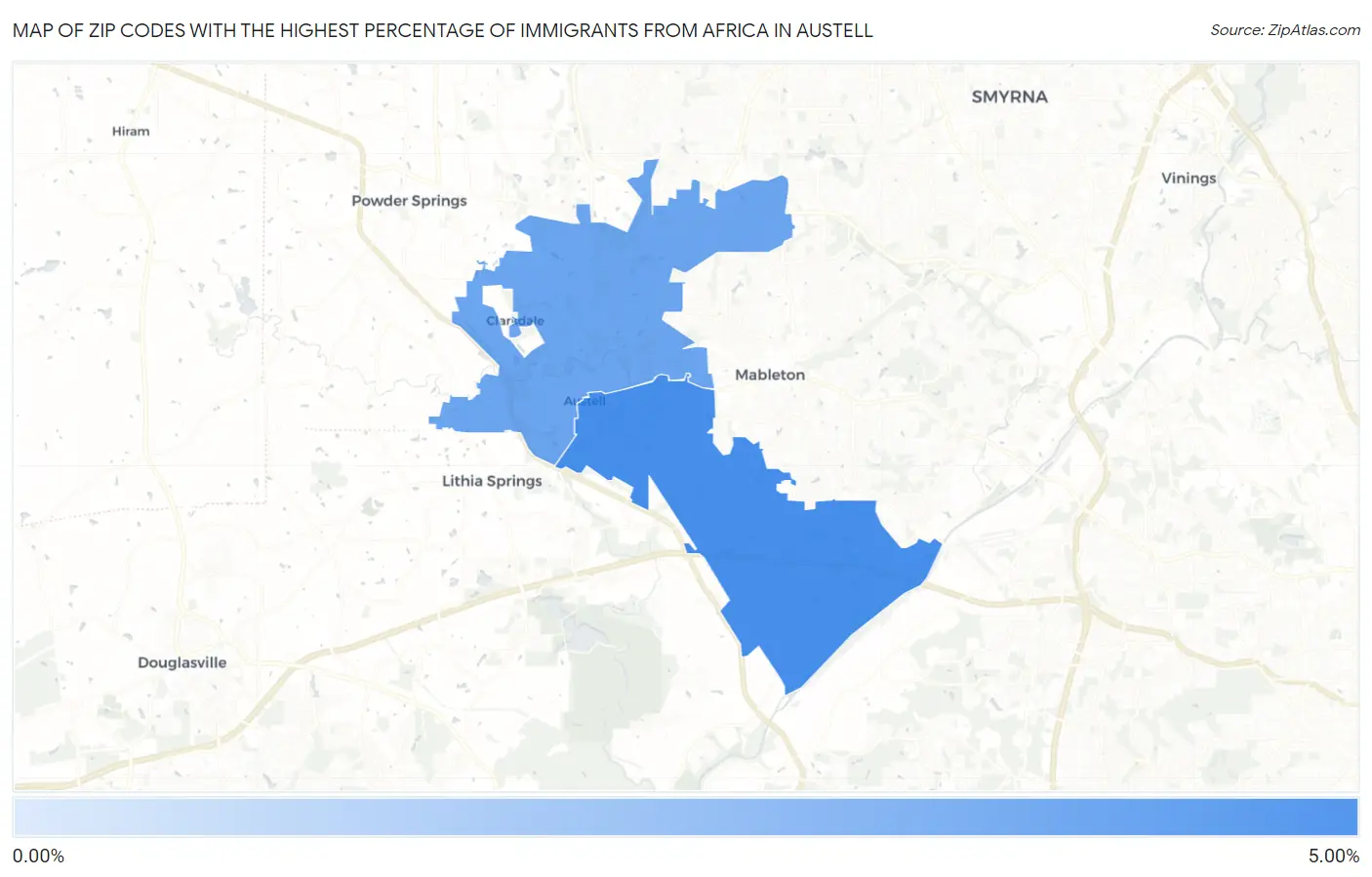 Zip Codes with the Highest Percentage of Immigrants from Africa in Austell Map