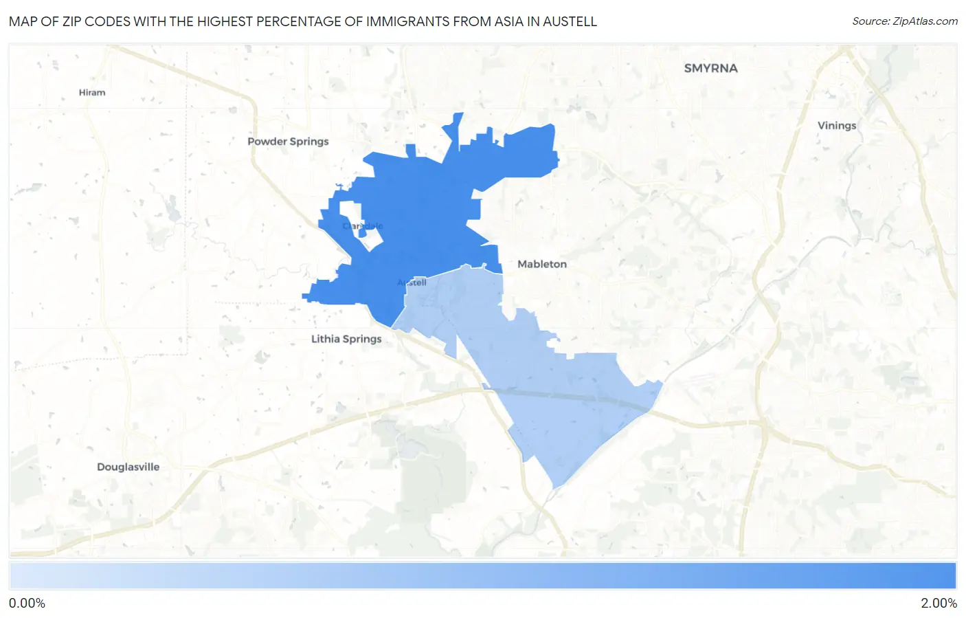 Zip Codes with the Highest Percentage of Immigrants from Asia in Austell Map