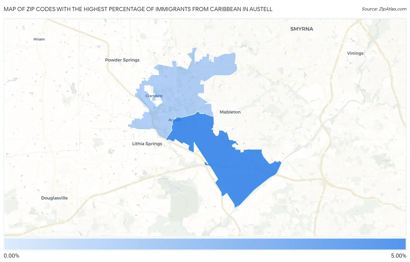 Zip Codes with the Highest Percentage of Immigrants from Caribbean in Austell Map