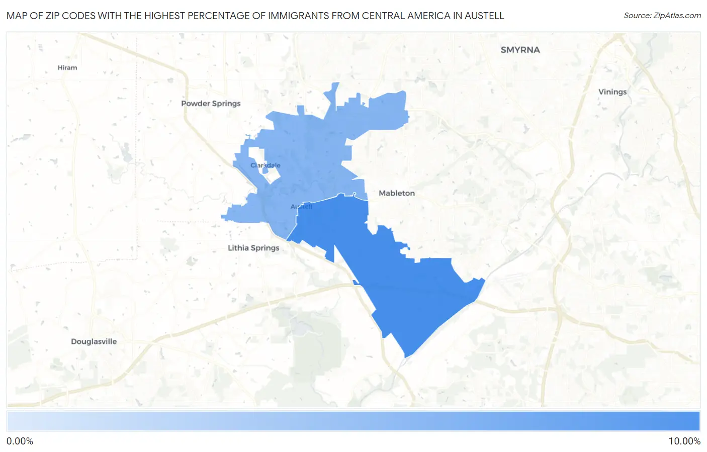Zip Codes with the Highest Percentage of Immigrants from Central America in Austell Map