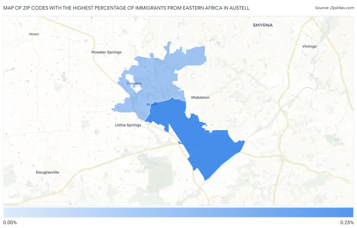 Zip Codes with the Highest Percentage of Immigrants from Eastern Africa in Austell Map