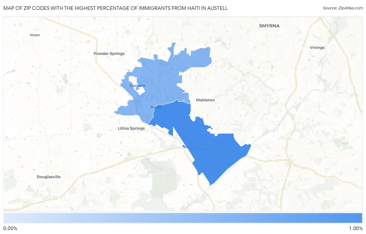 Zip Codes with the Highest Percentage of Immigrants from Haiti in Austell Map