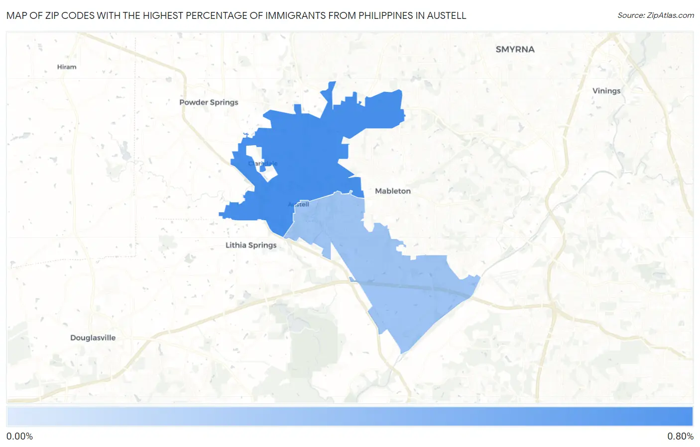 Zip Codes with the Highest Percentage of Immigrants from Philippines in Austell Map