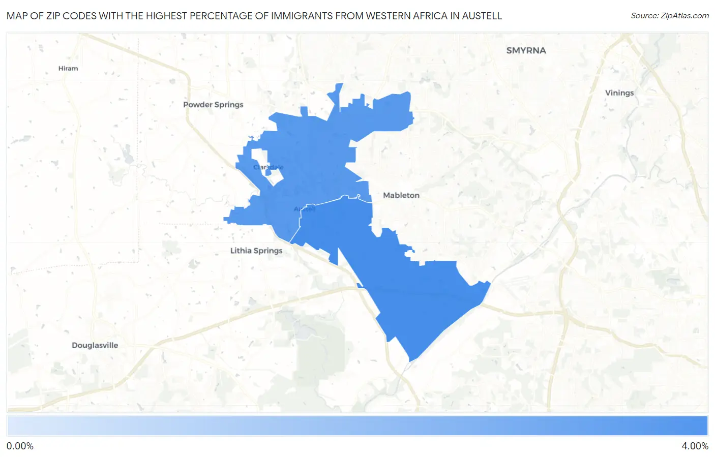 Zip Codes with the Highest Percentage of Immigrants from Western Africa in Austell Map